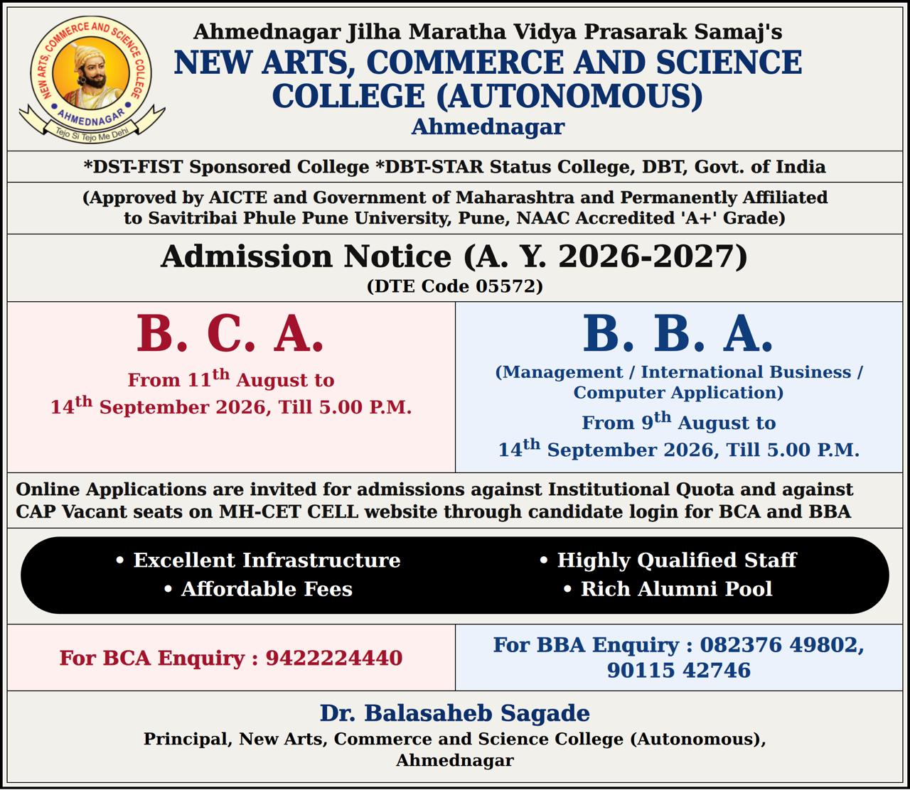 CASAS Admission Notice 2026-2027 for BCA and BBA programmes